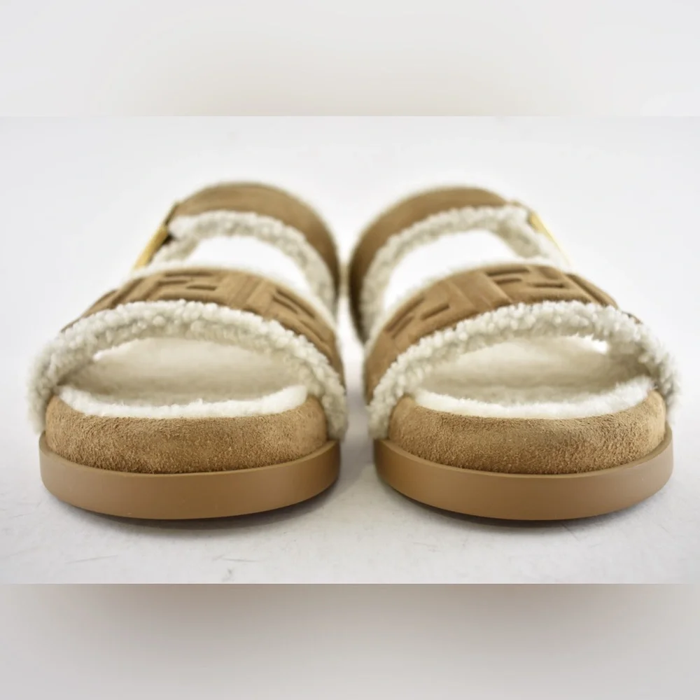 Fendi Feel Slide Shearling Fur Lined Bronze Monogram Logo Mule Flat Sandal 36.5 - Picture 8 of 16